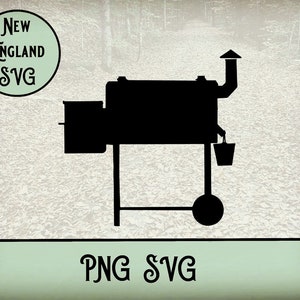 May include: Black silhouette of a smoker with a bucket hanging on the side and a chimney on top. The smoker is on wheels and has a stand.