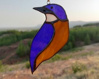 kingfisher stained glass, window hanging kingfisher, glass art kingfisher dekor,