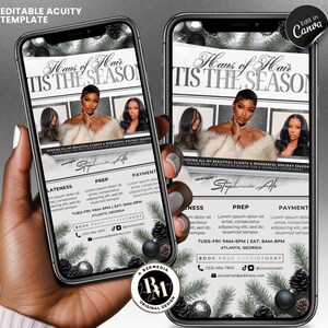 Pu&ograve; includere: Due smartphone mostrano una pubblicit&agrave; di un salone di parrucchiere a tema festivo. Il design presenta una donna con una stola di pelliccia, il testo "Haus of Hair, Tis the Season" e i dettagli di contatto. Lo sfondo include aghi di pino e ornamenti.