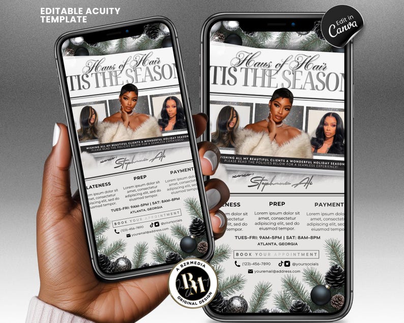 Pu&ograve; includere: Due smartphone mostrano una pubblicit&agrave; di un salone di parrucchiere a tema festivo. Il design presenta una donna con una stola di pelliccia, il testo "Haus of Hair, Tis the Season" e i dettagli di contatto. Lo sfondo include aghi di pino e ornamenti.
