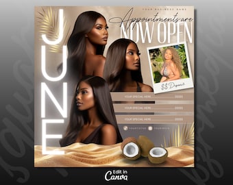 Juni-Buchungsflyer, Sommer-Beauty-Flyer, jetzt buchen Juni, Sommersaison-Flyer, Hair Lox Braid Flyer, Lash Flyer, Juni Books Open, DIY Canva