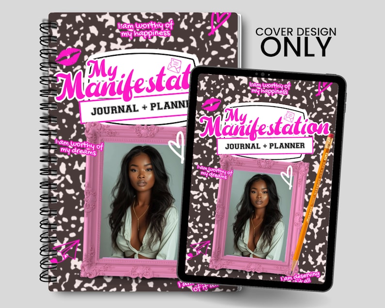 May include: A pink and black journal cover with a photo of a woman and the text "My Manifestation Journal + Planner".