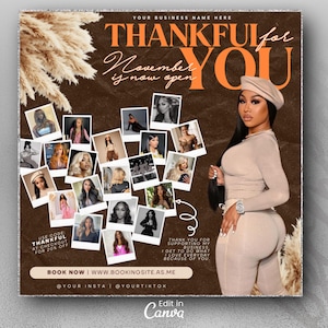 Könnte beinhalten: Eine Werbegrafik mit braunem Hintergrund und dem Text "THANKFUL for YOU". Sie enthält ein Foto einer Frau in beiger Kleidung, umgeben von Fotos im Polaroid-Stil. Der Text "November is now open" ist ebenfalls vorhanden, zusammen mit einem Rabattcode.