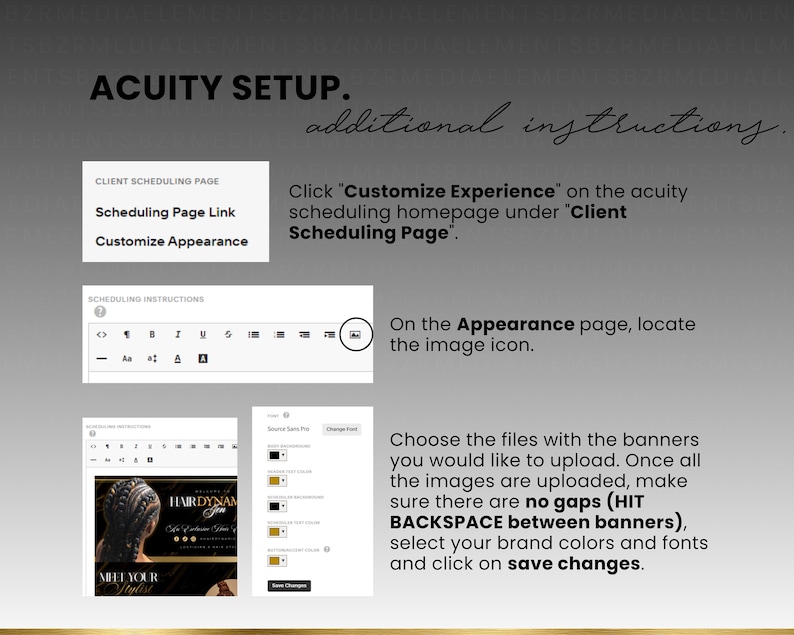 May include: A screenshot of a computer screen showing instructions on how to customize the appearance of a scheduling page on the Acuity Scheduling platform. The instructions include choosing files with banners, uploading them, and making sure there are no gaps between the banners.