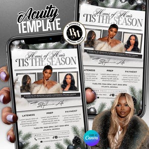 Pu&ograve; includere: Due smartphone che mostrano una pubblicit&agrave; di un salone di parrucchiere a tema festivo. L'annuncio presenta il testo "Hair of Hair 'Tis the Season" con immagini di donne e dettagli dei servizi. Il design include elementi stagionali.
