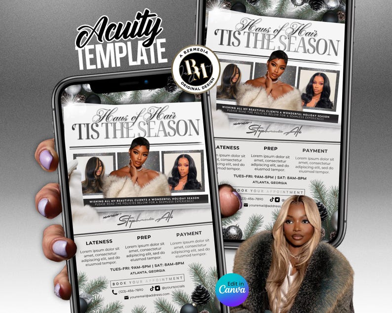 Pu&ograve; includere: Due smartphone che mostrano una pubblicit&agrave; di un salone di parrucchiere a tema festivo. L'annuncio presenta il testo "Hair of Hair 'Tis the Season" con immagini di donne e dettagli dei servizi. Il design include elementi stagionali.