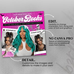 May include: A digital flyer template titled October Books with a bright pink background, featuring a central image of a person with long teal hair, two smaller inset photos of a person with dark hair, a skeleton graphic, and text overlays.