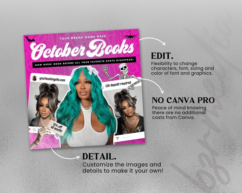 May include: A digital flyer template titled October Books with a bright pink background, featuring a central image of a person with long teal hair, two smaller inset photos of a person with dark hair, a skeleton graphic, and text overlays.