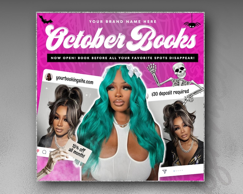 May include: A promotional graphic for October Books featuring a central image of a person with vibrant teal hair wearing a white tank top. The design includes social media style frames, a skeleton illustration, and text reading October Books.
