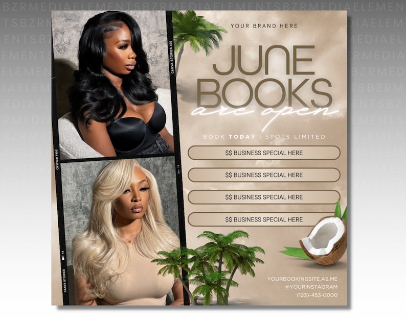 June Booking Flyer, Summer Beauty Flyer, Now Booking June, Summer Season Flyer, Hair Loc Braid Flyer, Lash Flyer, June Books Open, DIY Canva image 2