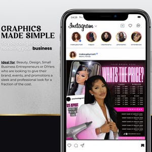 Może przedstawiać: Post na Instagramie z r&oacute;żowo-czarną grafiką przedstawiającą kobietę z suszarką do włos&oacute;w. Grafika zawiera tekst "Jaka jest cena?" i cennik przedłużania włos&oacute;w. Post zawiera r&oacute;wnież wezwanie do działania, aby odwiedzić stronę internetową i media społecznościowe.