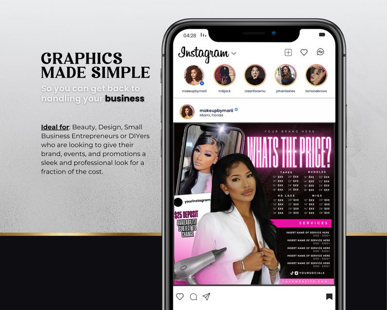 Może przedstawiać: Post na Instagramie z r&oacute;żowo-czarną grafiką przedstawiającą kobietę z suszarką do włos&oacute;w. Grafika zawiera tekst "Jaka jest cena?" i cennik przedłużania włos&oacute;w. Post zawiera r&oacute;wnież wezwanie do działania, aby odwiedzić stronę internetową i media społecznościowe.