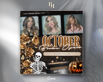 May include: A digital flyer featuring three portraits of individuals, gold roses, a skeleton, a black cauldron, and a jack-o'-lantern. Text includes OCTOBER, Books Open, $$ BUSINESS SPECIAL HERE, BOOKINGSITE AS ME, and $30 DEPOSIT on a dark background.