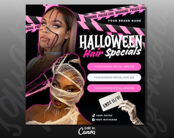 May include: A square promotional graphic featuring two individuals in Halloween makeup, one with a zipper effect and one wrapped in gauze. The text reads HALLOWEEN Hair Specials, YOUR BRAND NAME, YOUR BUSINESS SPECIAL HERE, and ENDS 11/01.