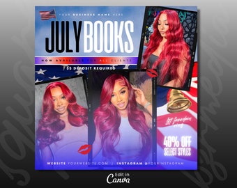 July Booking Flyer, Summer Beauty Flyer, Now Booking July, July 4th Flyer, Hair Braid Lash Brow Flyer, Fourth of July, Books Open, DIY Canva