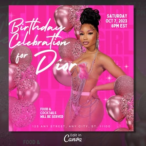 Pink Birthday Party Flyer Template Canva | DIY Event Template | Rich Girl Birthday | Birthday Invitation Flyer| Birthday Girl Flyer | Pink