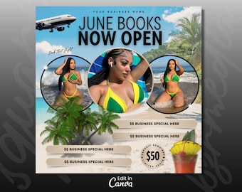 Juni-Buchungsflyer, Sommer-Beauty-Flyer, jetzt buchen Juni, Sommersaison-Flyer, Hair Lox Braid Flyer, Lash Flyer, Juni Books Open, DIY Canva