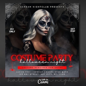 May include: A digital flyer for a Halloween costume party featuring a person with white hair and intricate black and white skull face paint. The text reads Scream Nightclub Presents, Costume Party, Halloween Night, 21+ Only, Oct 31st.