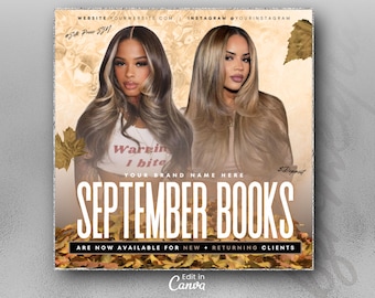 Folleto de reservas de septiembre, folleto de reservas de otoño, folleto de apertura de libros de septiembre, folleto de maquillaje de otoño para pestañas, cabello, uñas, trenzas y pelucas, folleto de reserva de otoño, folleto de bricolaje en Canva