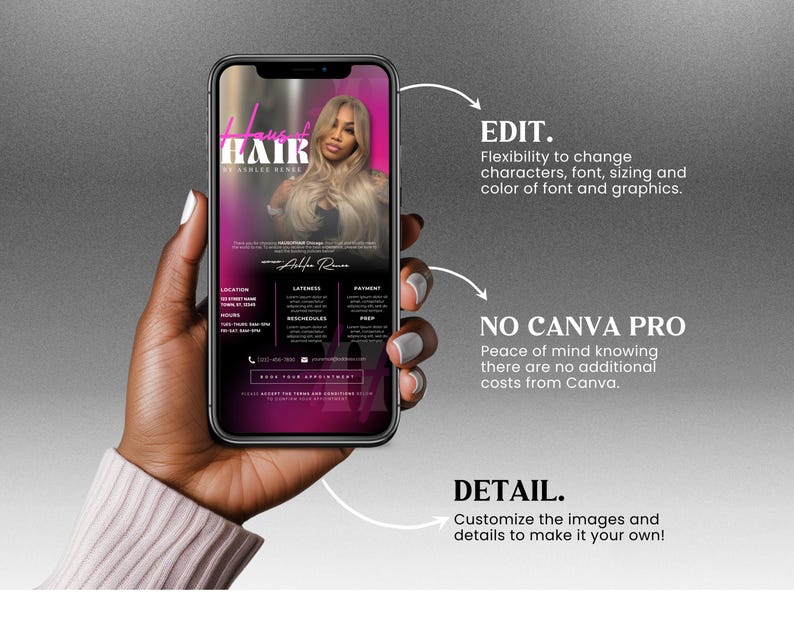 May include: A smartphone screen shows a pink and black advert for "Haus of Hair" featuring a woman with blonde hair. Text on the screen includes "EDIT," "NO CANVA PRO," and "DETAIL." The phone is held in a hand.