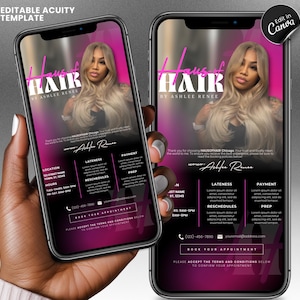 May include: Two smartphones showing a hair salon advertisement. The ad features a woman with long blonde hair against a pink and black gradient background. Text includes "Haus of Hair by Ashlee Renee" and appointment details.
