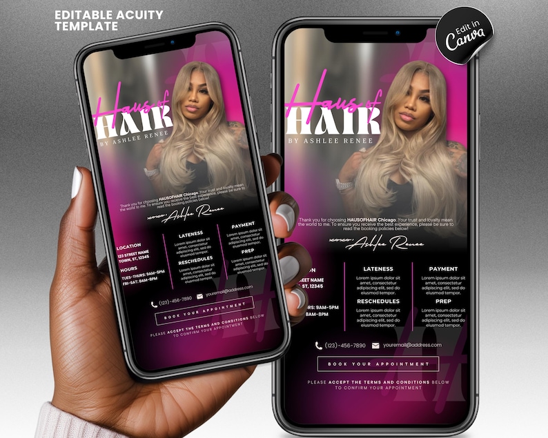May include: Two smartphones showing a hair salon advertisement. The ad features a woman with long blonde hair against a pink and black gradient background. Text includes "Haus of Hair by Ashlee Renee" and appointment details.