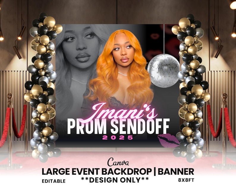 Op de afbeelding: Een groot evenement-achtergrondbanner met de tekst "Imani's PROM SENDOFF 2025". De banner toont een foto van een vrouw met oranje haar, een discobal en ballonnenkolommen. De banner is 244 x 244 cm groot.