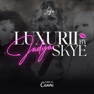Puede incluir: Un diseño gráfico rosa y blanco con el texto "LUXURII BY Jadya SKYE" y las palabras "Edit in Canva" en la parte inferior.
