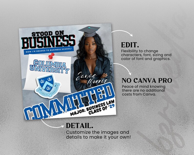 May include: A blue and white graphic design with the text "Stood on Business" and "Columbia University". The design also includes a blue and white crest and the text "Committed" with the words "Major: Business Law Class of '29" below. The design is set against a gray background.