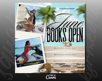 Juni-Buchungsflyer, Sommer-Beauty-Flyer, jetzt buchen Juni, Sommersaison-Flyer, Hair Lox Braid Flyer, Lash Flyer, Juni Books Open, DIY Canva