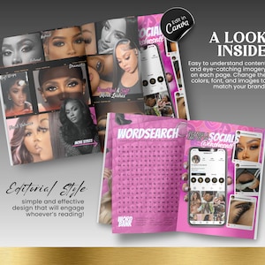 May include: A pink and white magazine mockup with the title "Social Lashes" and a word search puzzle. The magazine features photos of women with different lash styles and the text "Editorial Style: simple and effective design that will engage whoever's reading!"
