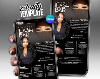 May include: A black and white mobile phone mockup with a flyer for a lash bar. The flyer has a black background with white text and images of eyelashes. The text on the flyer says "Welcome to ILash Bar" and "Experience the Best".