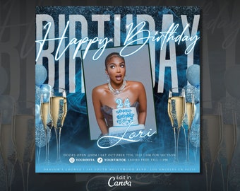 Puede incluir: Una invitación de fiesta de cumpleaños azul y plateada con una foto de una mujer sosteniendo un pastel que dice "24". La invitación dice "Feliz cumpleaños Lori" e incluye la fecha, la hora y la ubicación de la fiesta.