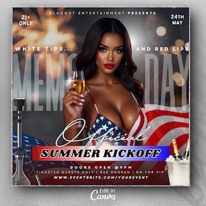 Memorial Day Party Flyer, Memorial Day Weekend Club Flyer, Club Party Flyer, Summer Party Flyer, Adult Nightclub Event Flyer, DIY Canva
