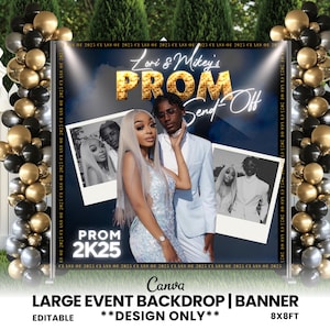 May include: A blue and gold prom send-off backdrop with the text "Lori & Mikey's Prom Send-Off" and "Prom 2K25". The backdrop features a photo of a couple in the centre and two smaller photos on either side.