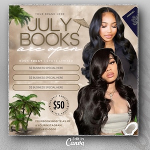 Puede incluir: Gráfico promocional con dos mujeres, texto "July Books are Open" y llamada a la acción. Incluye un gráfico de pasaporte, palmeras y un importe de depósito. El diseño es en tonos marrones y beige.