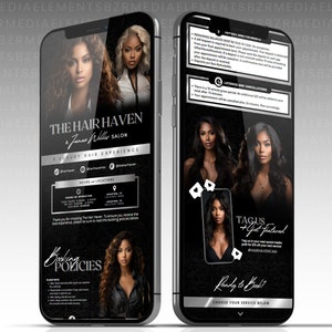 May include: A black and silver phone screen showing the booking policies for The Hair Haven, a Jara Willis Salon. The screen includes a photo of a woman with long black hair, the salon's hours of operation, and a list of booking policies. The screen also includes a section for booking appointments.