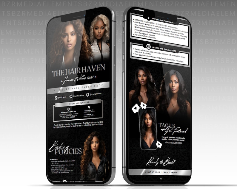 May include: A black and silver phone screen showing the booking policies for The Hair Haven, a Jara Willis Salon. The screen includes a photo of a woman with long black hair, the salon's hours of operation, and a list of booking policies. The screen also includes a section for booking appointments.