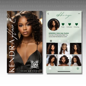 K&ouml;nnte beinhalten: Eine Visitenkarte f&uuml;r eine Friseurin namens Kendra. Die Karte zeigt ein Foto von Kendra, ihren Instagram-Handle und einen QR-Code. Der Text auf der Karte lautet "Kendra Hair Co." und "www.kendrahairco.com".