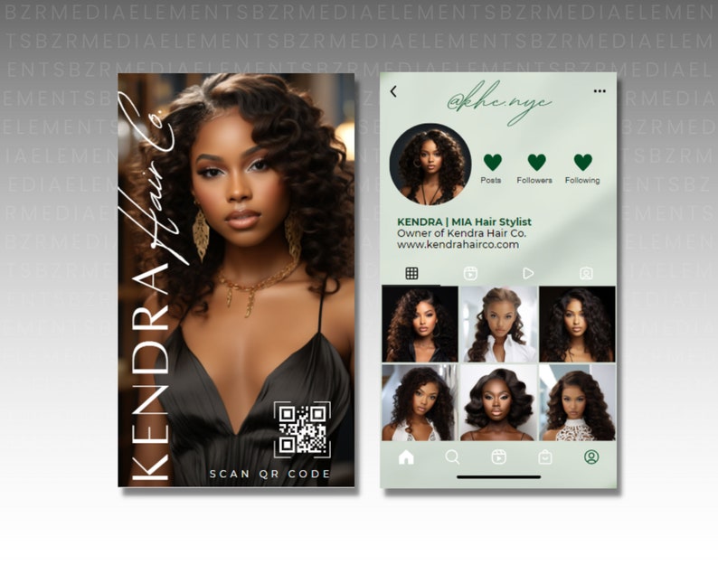 K&ouml;nnte beinhalten: Eine Visitenkarte f&uuml;r eine Friseurin namens Kendra. Die Karte zeigt ein Foto von Kendra, ihren Instagram-Handle und einen QR-Code. Der Text auf der Karte lautet "Kendra Hair Co." und "www.kendrahairco.com".