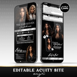 May include: A black and silver phone screen mockup with a website for a hair salon called "The Hair Haven". The website features a booking policy section, a "Tag Us" section, and a "Ready to Book" section with a button to choose services. The text "Editable Acuity Site" is displayed at the bottom of the screen.