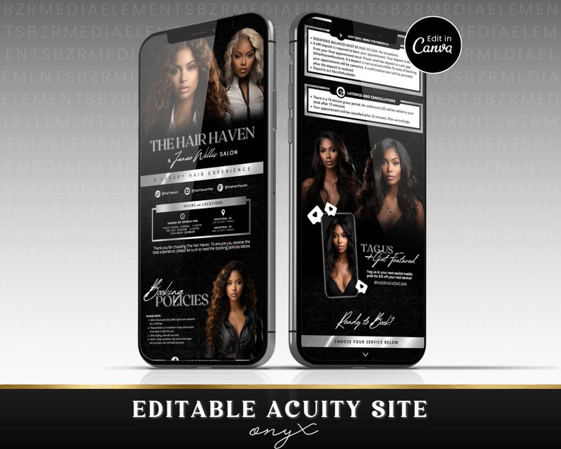 May include: A black and silver phone screen mockup with a website for a hair salon called "The Hair Haven". The website features a booking policy section, a "Tag Us" section, and a "Ready to Book" section with a button to choose services. The text "Editable Acuity Site" is displayed at the bottom of the screen.