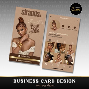 Peut inclure: Une carte de visite marron avec une photo d'une femme avec une coiffure en chignon. La carte porte le texte "strands" en police dor&eacute;e et un code QR. La carte comprend &eacute;galement un num&eacute;ro de t&eacute;l&eacute;phone et une adresse de site Web. Le verso de la carte pr&eacute;sente un profil de m&eacute;dias sociaux avec le texte "strands.nyc" et une grille de photos de la femme avec diff&eacute;rentes coiffures.