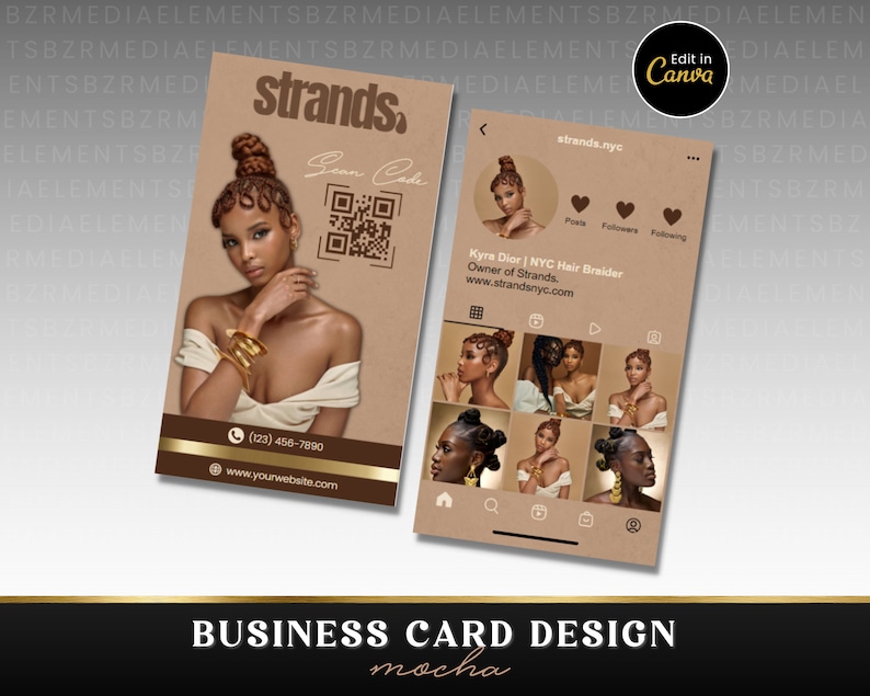 Peut inclure: Une carte de visite marron avec une photo d'une femme avec une coiffure en chignon. La carte porte le texte "strands" en police dor&eacute;e et un code QR. La carte comprend &eacute;galement un num&eacute;ro de t&eacute;l&eacute;phone et une adresse de site Web. Le verso de la carte pr&eacute;sente un profil de m&eacute;dias sociaux avec le texte "strands.nyc" et une grille de photos de la femme avec diff&eacute;rentes coiffures.