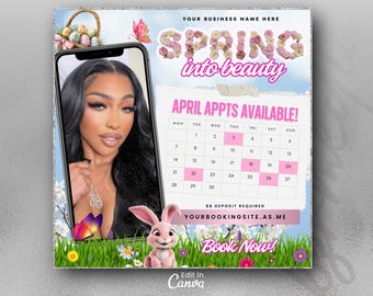 Folleto de reservas de abril, folleto de reservas de primavera, folleto de Pascua, abril de cabello, libros de primavera abiertos, abril de reserva ahora, folleto de abril de pestañas, uñas, pelucas trenzadas