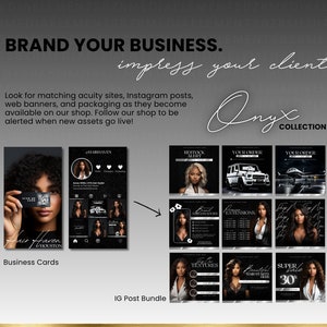 May include: A collection of social media graphics for a hair salon business. The graphics feature a black and white color scheme with a modern design. The graphics include images of a woman with long hair, a car, and a plane. The text on the graphics includes "Restock Alert", "Your Order", "Extensions", "Textures", and "Super Sale 30%".