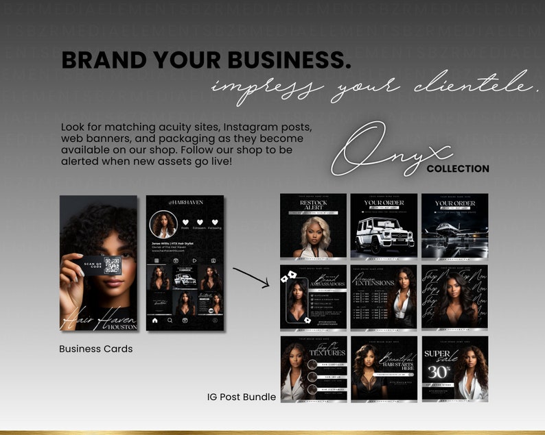 May include: A collection of social media graphics for a hair salon business. The graphics feature a black and white color scheme with a modern design. The graphics include images of a woman with long hair, a car, and a plane. The text on the graphics includes "Restock Alert", "Your Order", "Extensions", "Textures", and "Super Sale 30%".