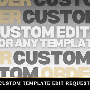 May include: Text overlay on a gray background with the words "Custom Edits for Any Template" in white. The words "Custom Order" are repeated in black, gray, and gold.