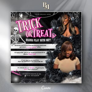 May include: Halloween-themed graphic with the words "Trick or Treat" in pink and white. The image includes a skeleton, skulls, and two women. The text invites viewers to "Wanna play with me?" and provides booking information.