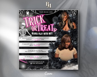 Flyer boekingsspel oktober, boekingsspel Halloween, Trick or Treat, afspraakflyer, spookachtige haarnagels MUA wimpers vlechten pruiken, doe-het-zelfcanva